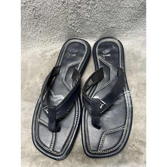 Men’s Puma Men’s 12 Navy Blue Shoes Logo Flip Flops Leather Sandals Summer - Picture 1 of 7